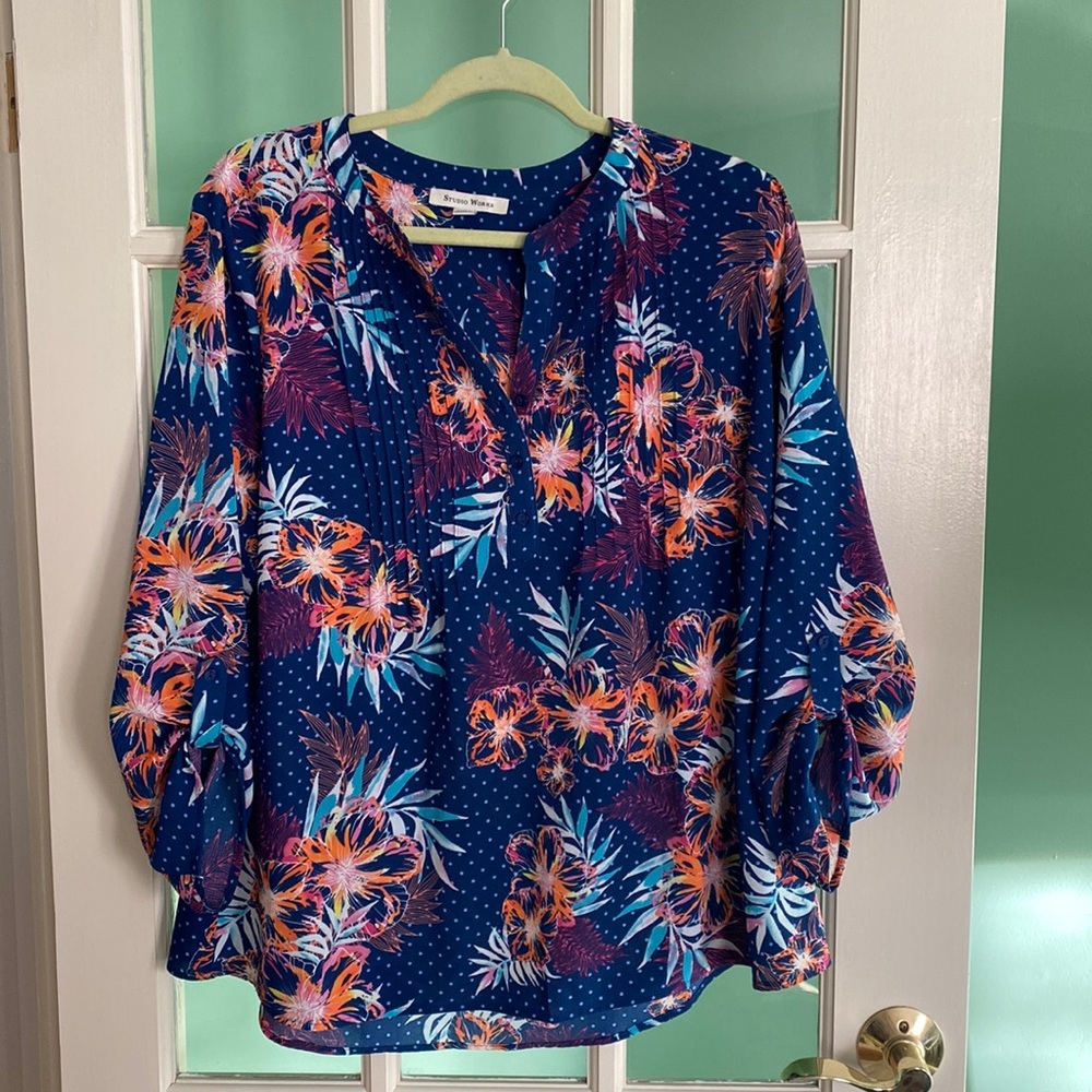 Studio Works Tropical Print Long Sleeve Blouse, Large